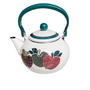 Vintage Apple Design White Teapot with Green Handle Farmhouse Cottagecore